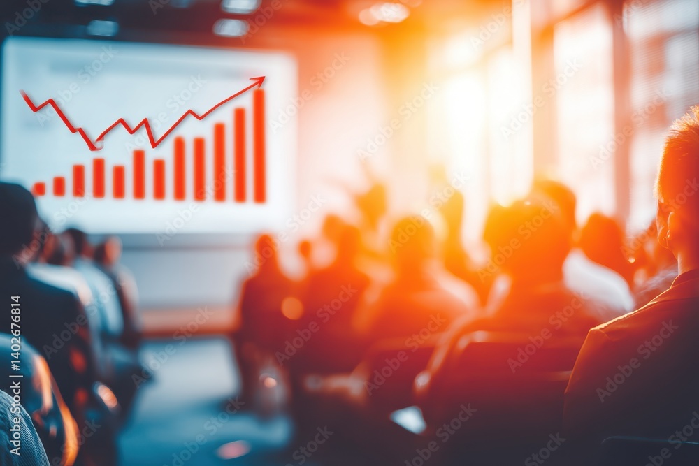 Poster audience watching a presentation on economic growth with an optimistic red bar graph and upward tren