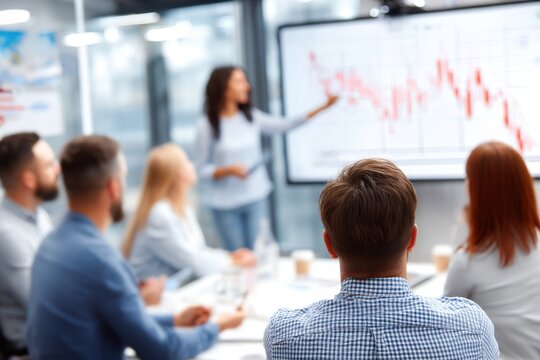 A business presentation with a female leader explaining a downward trending graph to a diverse team during a company meeting in a modern office environment.