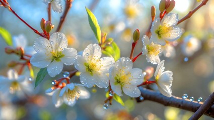 Blossoming white flowers glisten after rain in a sunny garden setting Generative AI