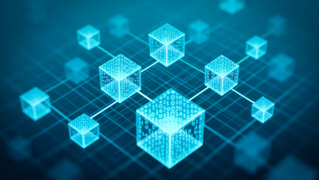 A series of floating, three-dimensional transparent glass cubes arranged in a dynamic layout, each covered with binary code