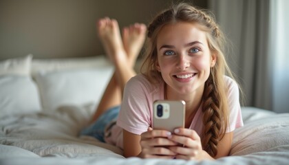 Fototapeta premium A bright and joyful young woman with braided hair relaxes on a cozy bed, smiling as she engages with her smartphone. The soft lighting and serene atmosphere create a sense of comfort and connection