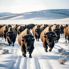 Herd of Bison Running Through Snowy Landscape