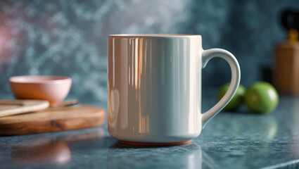 White ceramic mug on a stylish kitchen counter, ideal for coffee branding, drinkware presentations, or lifestyle product mockups in natural lighting