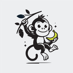 Cute Cartoon Monkey Hanging on Branch with Banana Vector Illustration.