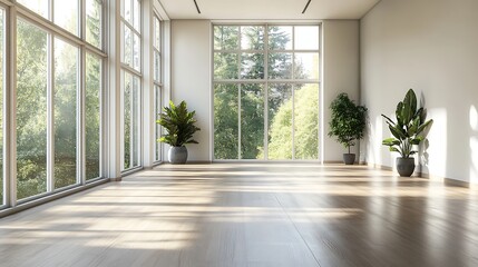Obraz premium bright and airy yoga studio with wooden floors large windows and minimalist design ideal for healthy living dance classes exercise space and peaceful workouts