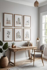 Modern Home Office with Light Wood Desk and Gallery Wall