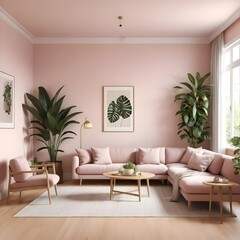 Pink Living Room Interior Design with L-Shaped Sofa and Plants