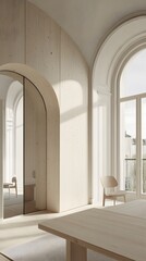 Fototapeta premium Modern Minimalist Apartment Interior Design with Archway and Wooden Walls