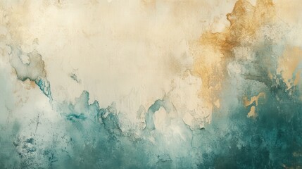 A serene abstract artwork featuring soothing shades of gold, teal, and cream, blending seamlessly to create a tranquil atmosphere.