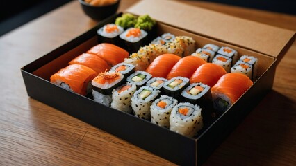 Sushi platter featuring assorted rolls and fresh sashimi on a wooden table Generative AI