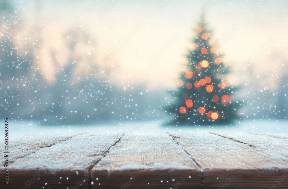 Poster christmas tree bokeh lights with snowy wooden table top background for display and montage
