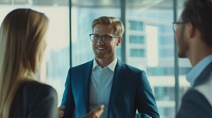 Business professionals engage in conversation inside a modern office during daytime while city skyline is visible through large windows