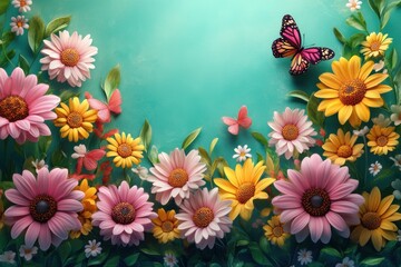 Vibrant Pink Yellow Flowers and Butterflies Teal Background