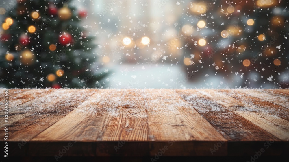 Poster christmas table with blurred tree background and snowfall for product display and montage
