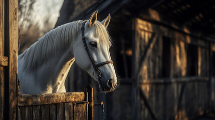 Fototapeta premium Majestic White Horse in Rustic Stable at Golden Hour