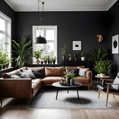 Modern Dark Living Room Interior Design with Leather Sofa and Plants