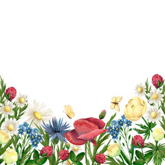Watercolor frame wild flowers, wild herbs, butterfly. Illustration poppy, chamomile, clover, wild, ranunculus, cornflower, buttercup, tansy, globeflower hand drawn for greeting card, poster, packaging