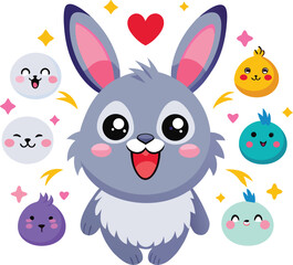 Fototapeta premium Fluffy bunny emojis with different moods: excited, scared, sleepy, surprised, in love. Animal Emoji-Style