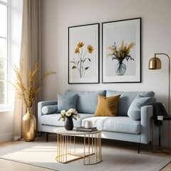 Modern Living Room Interior with Blue Sofa and Gold Accents