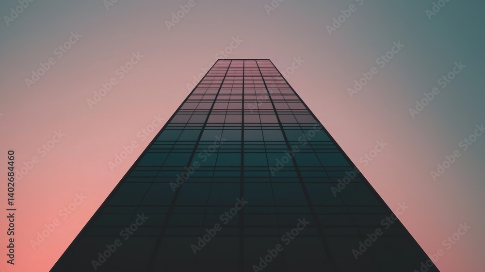 Poster a tall building with a grid pattern on its facade.