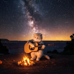 Starlight Melody: Scottish Fold Cat Playing Guitar by Campfire