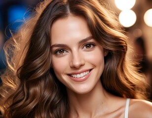 Fototapeta premium Beautiful Woman with Long Brown Wavy Hair Smiling
