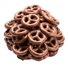 Pile of dark chocolate pretzels isolated on transparent background