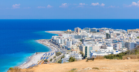 Rhodes Island panorama, city by the turquoise sea, sandy beaches stretch along the built...