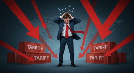 Worried Businessman with Tariff Containers and Falling Arrows
