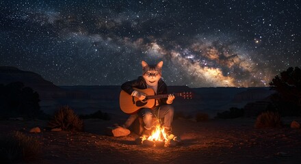 Cosmic Serenade: Cat Playing Guitar by Campfire Under the Milky Way