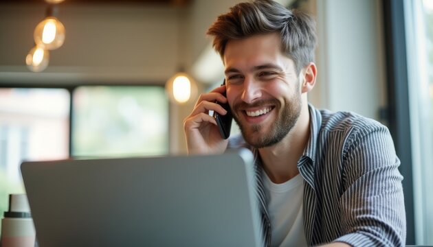 A cheerful young man with a stylish haircut is engaged in a phone conversation, radiating positivity as he works on his laptop. The warm, inviting atmosphere of the café, with soft lighting and large