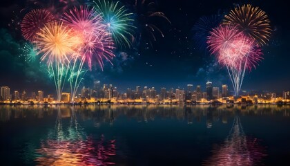 Fototapeta premium Fireworks Over City Skyline at Night