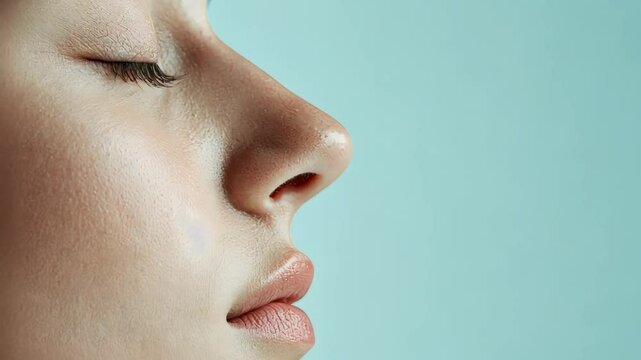 Serene woman profile revealing elegant facial features, breathing softly with closed eyes, demonstrating perfect nose and sensual lips against clean turquoise background