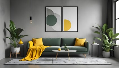 Modern Living Room Interior Design with Green Sofa and Yellow Accents