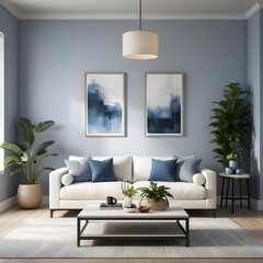 Modern Living Room Interior Design with Blue Accents