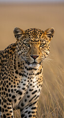 Fototapeta premium Leopard standing alert on dry savanna grass, looking into the distance, side profile. African predator phone screen background.