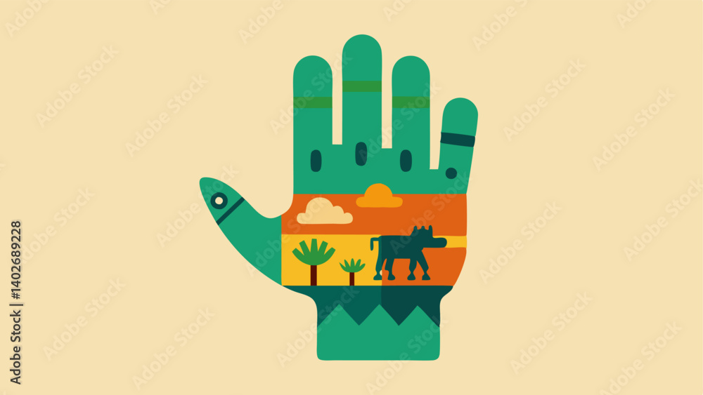 Poster safari explorer hand a hand prosthetic designed with animal patterns and safari graphics encouraging