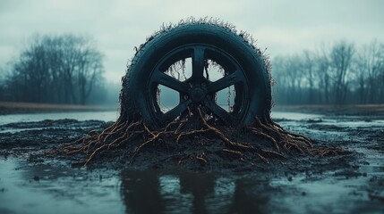 A tire, overtaken by roots, juts from murky waters in a foggy setting, reflecting decay and nature's reclaim