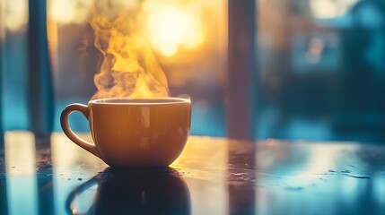 Fototapeta premium cozy beverage scene with a steaming cup of coffee on a reflective surface under soft window light showcasing a peaceful and relaxing mood for morning comfort