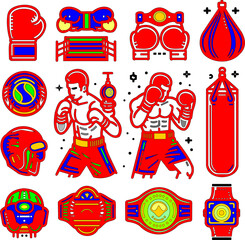 Colorful Boxing Icon Set – Fighters, Gloves, Rings, and Championship Elements
