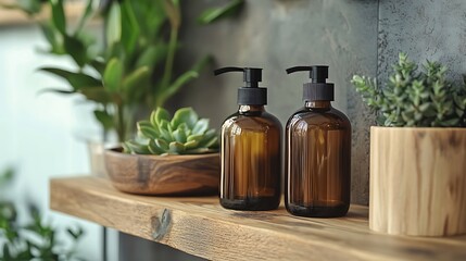 amber glass bottles with pump dispensers displayed on a wooden shelf with succulent plant showcasing modern home decor stylish organization and minimal beauty container set