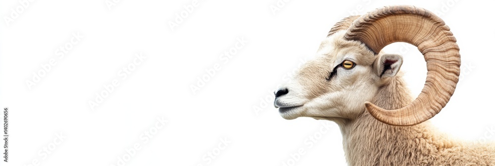 Poster large curved horned ram with textured wool against a white studio background highlighting its majest
