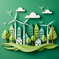 Eco-Friendly Cityscape Paper Craft Green Energy Concept