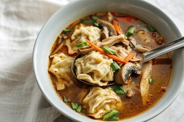 a bowl of soup with dumplings, sliced mushrooms