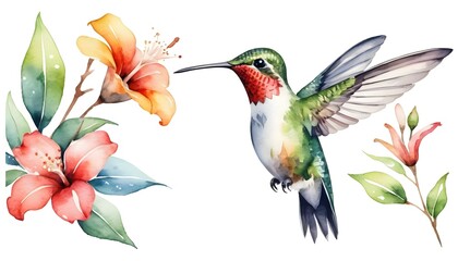 Obraz premium Watercolor Hummingbird and Hibiscus Flowers