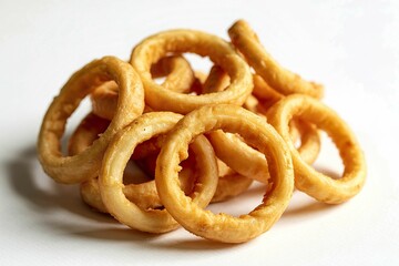 A close-up photograph of onion rings, which appear to be golden brown and crispy