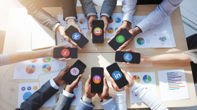 Diverse team presenting social media platform strategies using mobile devices