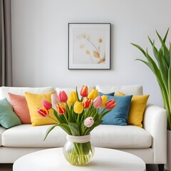 Colorful Tulips in Glass Vase on Coffee Table in Living Room