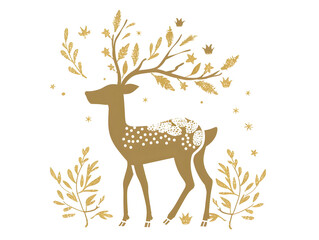 elegant deer with golden crown and leafy antlers, graceful pose and royal woodland style, isolated on white background