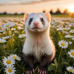 Cute Ferret in Daisy Field at Sunset